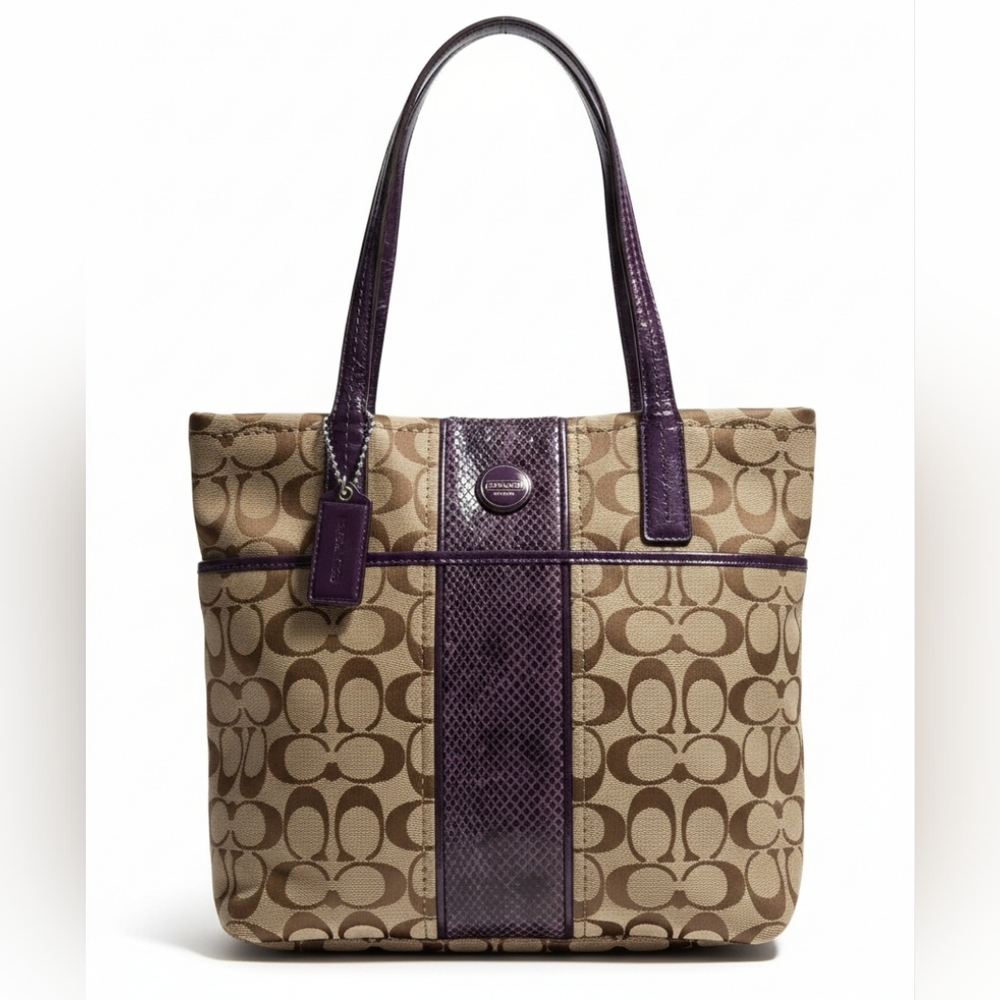 Coach Signature Beige/Brown and Purple Python Strip Print Handbag Tote